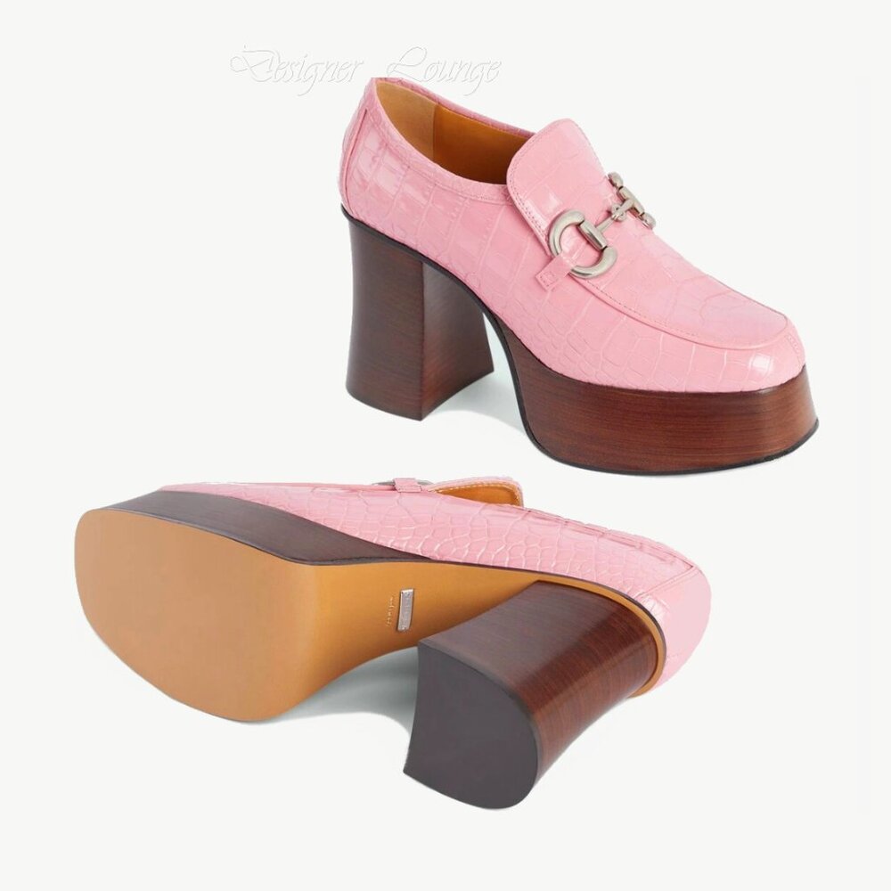 NEW GUCCI Horsebit Pink Croc Embossed Leather Platform Loafers EU 40.5 US 10.5 - Picture 10 of 10